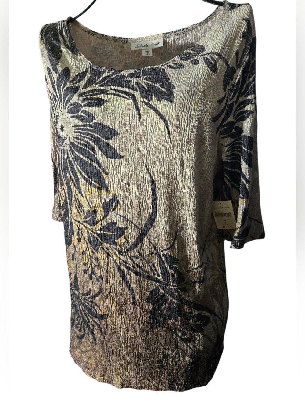 Coldwater Creek Metallic Floral Scoop-Neck Tunic in Gold and Black Size Large